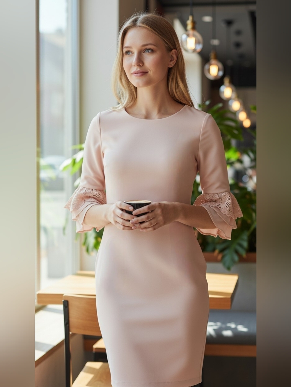 Calvin Klein Dusty Pink Blush Floral Lace 3/4 Sleeve Midi Sheath Dress Size 6